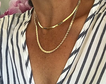 Collar de serpiente, collar de oro, collar de cadena, collar de gargantilla, collar de capas, cadena de espiga, collar de serpiente plano