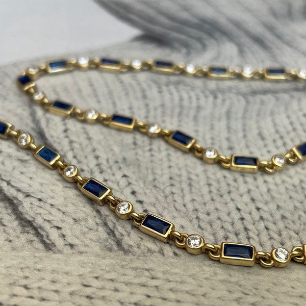 Sapphire tennis necklace,925K sterling silver tennis necklace,gold sapphire tennis necklace,sapphire Cz chain,sapphire choker chain,handmade