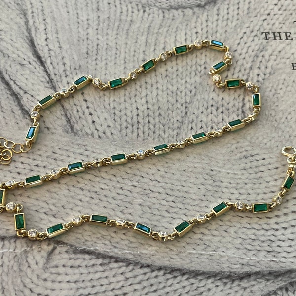 Emerald tennis necklace,925K sterling silver tennis necklace,tennis necklace,gold tennis necklace,cz tennis necklace,emerald chain necklace