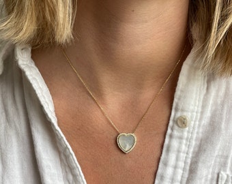 Mother of pearl Heart necklace-heart pendant-big heart necklace- heart pendant-large heart necklace-dainty necklace-pave elongated heart