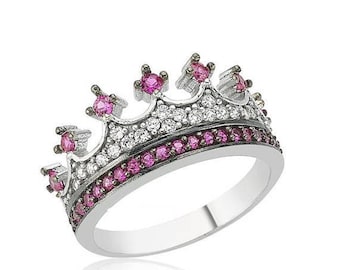 kroon ring, zilveren kroon ring, koningin kroon ring, tiara ring.tiara kroon ring, zilveren kroon ring, prinses ring, robijn kroon, roze kroon