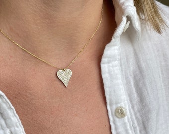 Heart necklace-heart pendant-big heart necklace-pave heart necklace-large heart necklace-dainty necklace-pave elongated heart pendant