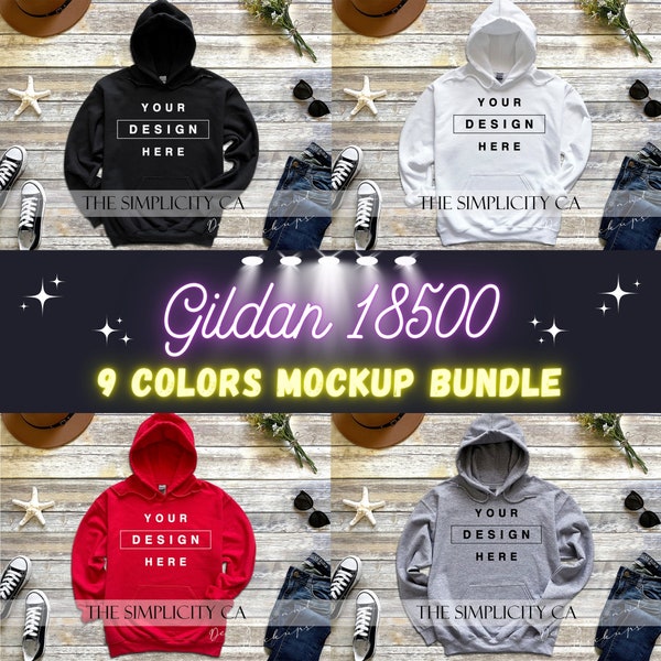 Gildan 18500 Heavy Blend Hooded Sweatshirt Mockup 9 Color Flat Lay Hoodie Mock up High Resolution 4:3 Ratio 300dpi JPG Wood Background Ver.1