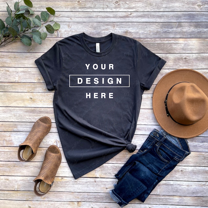Bella Canvas 3001 Dark Grey T-Shirt Mockup Rolled Sleeves Flat Lay Tee Shirt Mock up High Resolution 300dpi Square /& Rectangular Ratio JPG