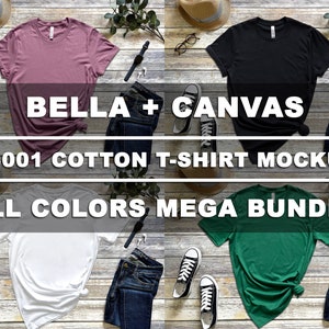 Bella Canvas 3001 Cotton All Colors Bundle T-Shirt Mockup Short Sleeves Flat Lay High Resolution 4:3 Ratio 300dpi JPG Wood Background Ver.1