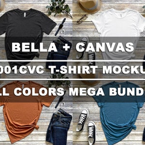 Bella Canvas 3001CVC All Colors Bundle T-Shirt Mockup Short Sleeves Flat Lay High Resolution 4:3 Ratio 300dpi JPG Wood Background Ver.1