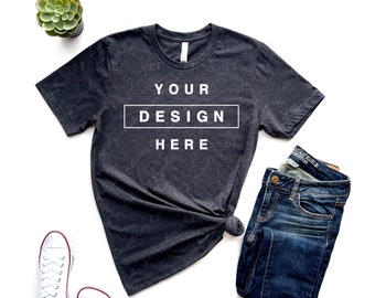 Bella Canvas 3001 CVC Dark Grey Heather T-Shirt Mockup Short Sleeves Flat Lay Mock up High Resolution 300dpi Square & Rectangular Ratio JPG