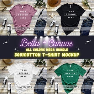 Bella Canvas 3001 Cotton All Colors Bundle T-Shirt Mockup Short Sleeves Flat Lay High Resolution 4:3 Ratio 300dpi JPG Wood Background Ver.1