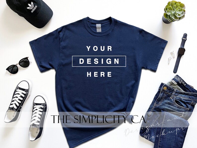 Gildan 5000 Heavy Cotton Navy T-Shirt Mockup Short Sleeves Flat Lay Tee Shirt Mock up High Resolution 300dpi 4:3 Rectangular Ratio JPG