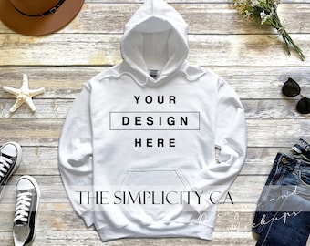 Gildan 18500 Heavy Blend Hooded Sweatshirt White Mockup Flat Lay Hoodie Mock up High Resolution 300dpi 4:3 Rectangular Ratio JPG