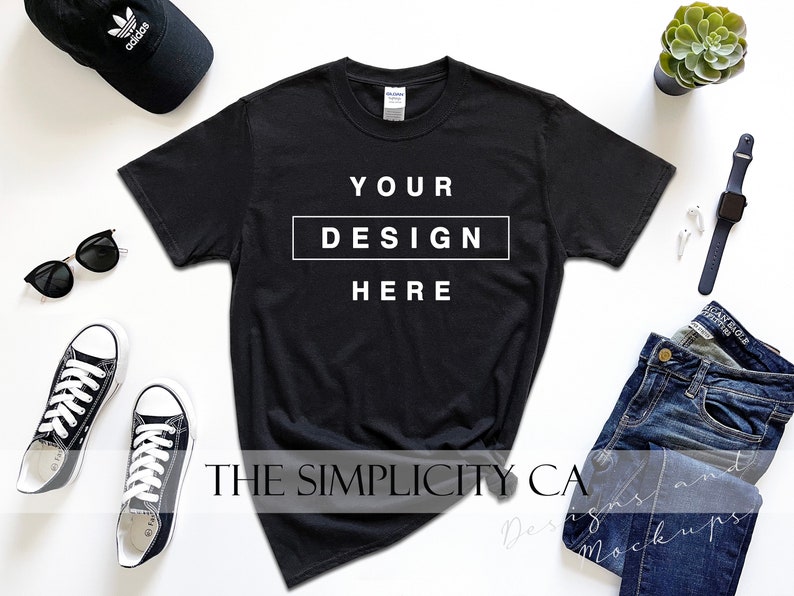 Download Clothing Gildan 64000 Softstyle Black T Shirt Mockup Short Sleeves Flat Lay Tee Shirt Mock Up High Resolution 300dpi 4 3 Rectangular Ratio Jpg T Shirts