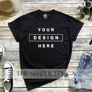 Gildan 5000 Heavy Cotton Black T-Shirt Mockup Rolled Sleeves Flat Lay Tee Shirt Mock up High Resolution 300dpi 4:3 Rectangular Ratio JPG zdjęcie 1