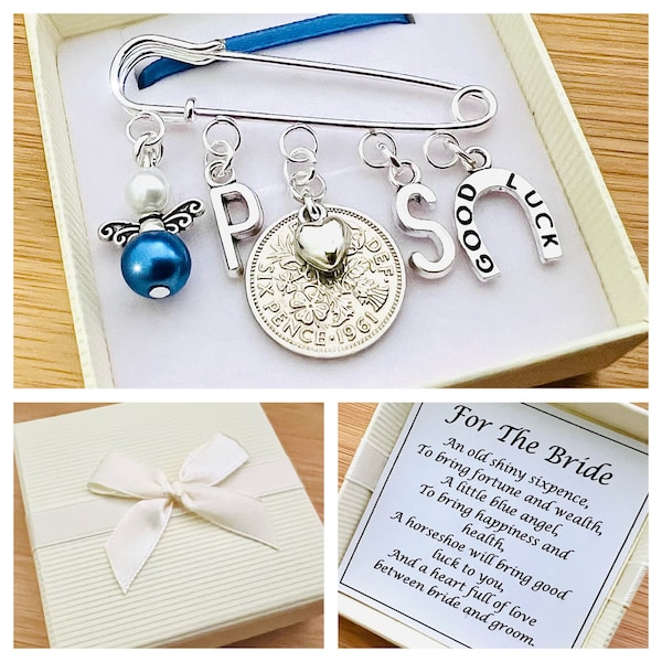 LUCKY SIXPENCE charm, WEDDING, Bride, Bridal Pin, Good Luck Horseshoe. Personalised with initials of Bride and Groom. Presented in gift box.