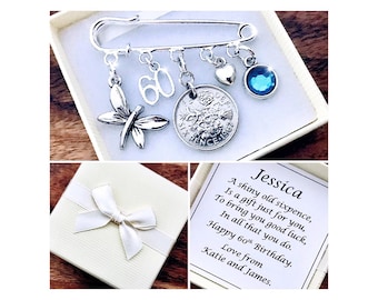 LUCKY SIXPENCE Charm with Birthstone, 60th BIRTHDAY, Personalised Gift Box