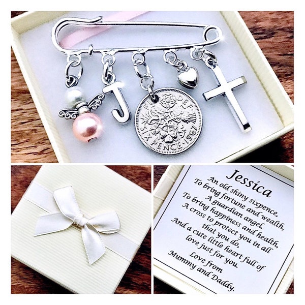 LUCKY SIXPENCE, CHRISTENING, baptism, kilt pin charm, angel, personalised, gift