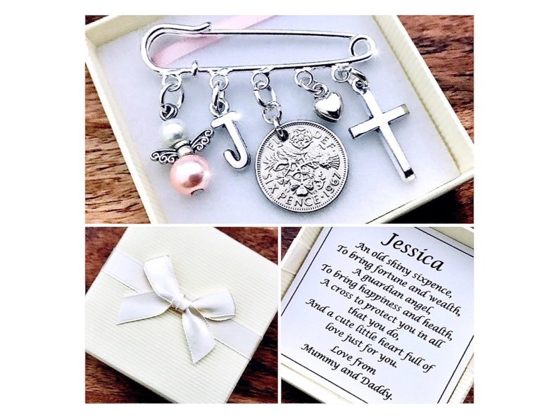 LUCKY SIXPENCE, CHRISTENING, baptism, kilt pin charm, angel, personalised, gift 