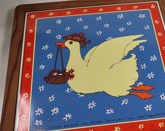 vtg 80's ceramic kitchen trivet or wall art, Gracy Goose // TAYLOR and NG, San Francisco 1982 // 9 inches square