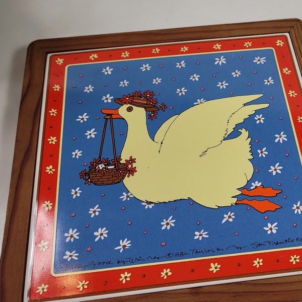 vtg 80's ceramic kitchen trivet or wall art, Gracy Goose // TAYLOR and NG, San Francisco 1982 // 9 inches square