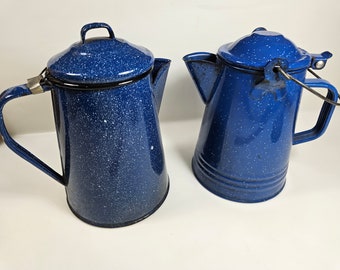 you choose your vtg blue enameled kettle // each 9 inches tall