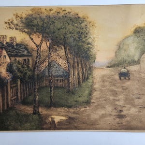 May include: A watercolor painting of a country road with a small house and a fence on the left side of the road.  There are trees lining the road and a person in a horse-drawn carriage in the distance. The sky is a light yellow color and the ground is a light brown color.