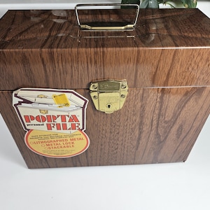 vtg Metal Box, faux wood pattern // 12.5 x 10.25 x 5.5 inches // Portafile, made in USA