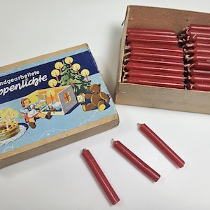 old box of tiny red German candles, Handgearbeitete Puppenlichte // candles 1.8 inches tall, approx 100 in box