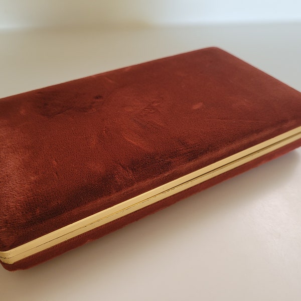 Vintage velour jewelry box, 9 x 5 x 1.5 inches // interior gold, exterior gold and rusty deep orange-red