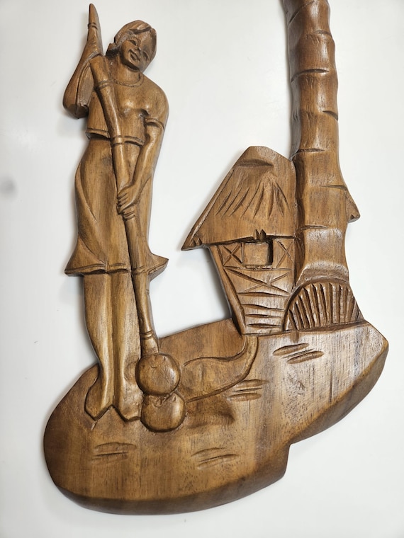 Vintage MCM Tiki Carved Wood Polynesian People Under Palm Trees