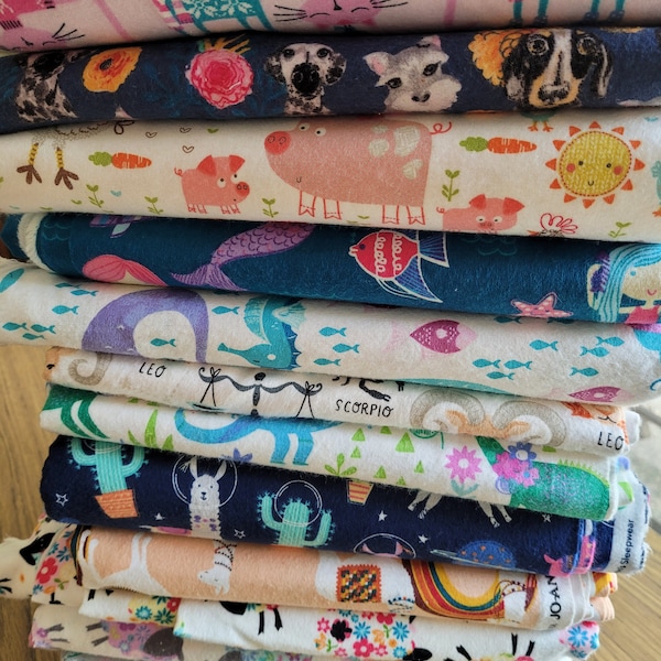 Flannel fabric, 13 choices, 1.5-6 yards // mermaids, llamas, unicorns, sheep, dinosaur, farm animal, cats, dogs // Joann Snuggle
