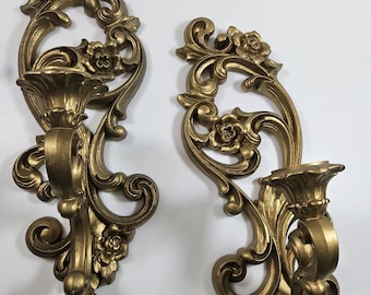 pair of 1971 wall candle sconces, gold scroll, Homco // 15 x 5 x 5 inches // made in USA