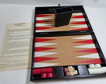 vtg 1960s Backgammon Set, made in Sweden // Faux Leather Case with Cork Play Area, magnetic pieces