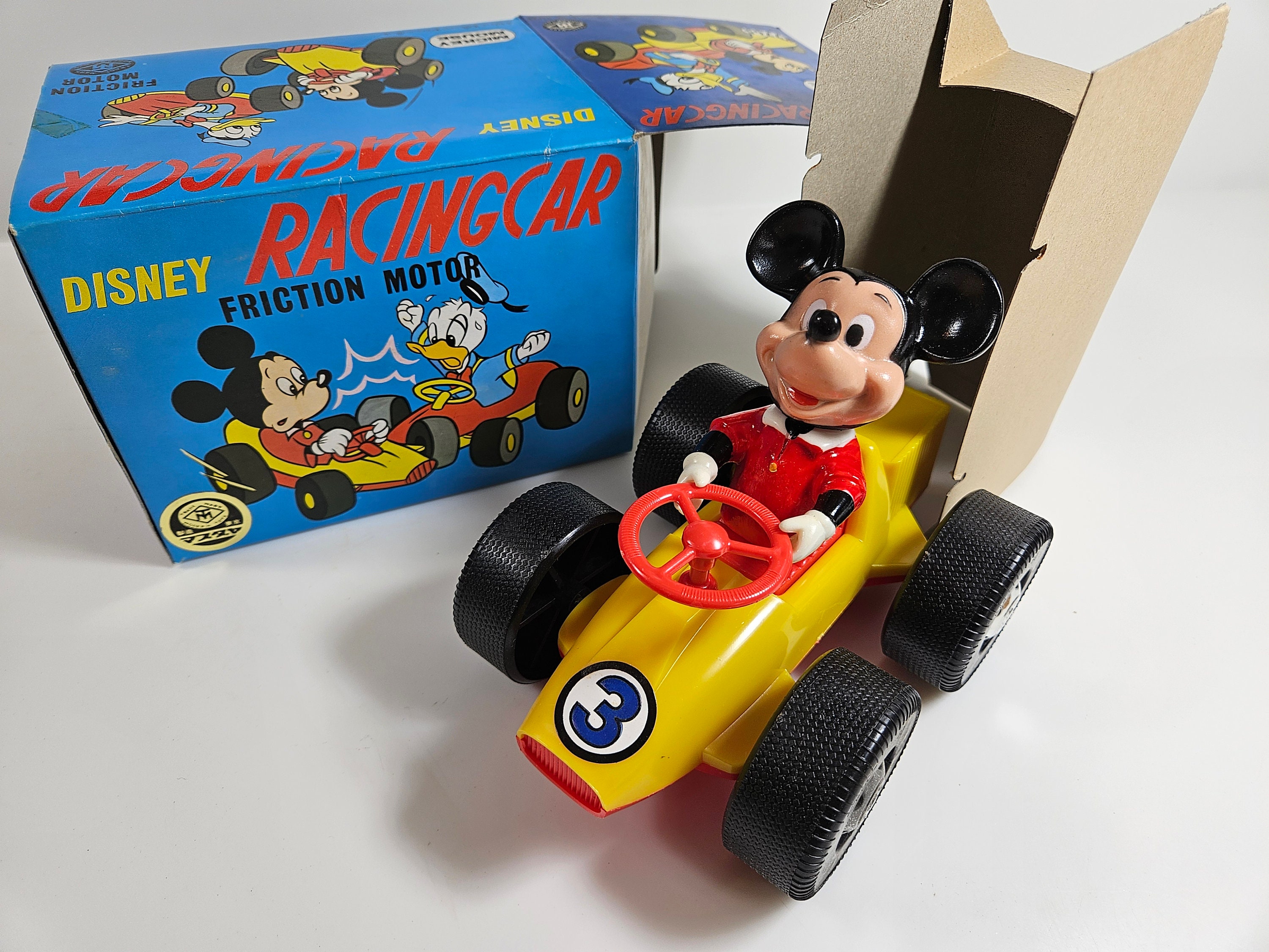 Vtg NOS Mickey Mouse Plastic Racing Car, Original Box // Friction