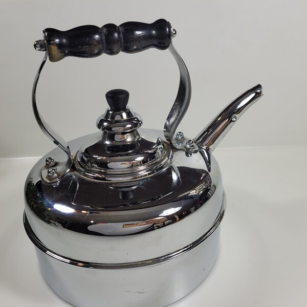 vtg Simplex tea kettle, chrome over solid copper // made in England