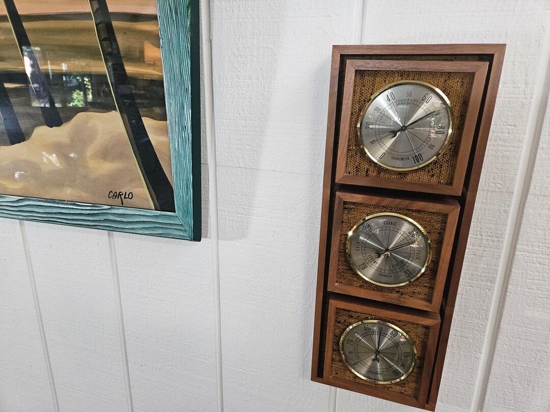 Vtg Mid Century Solid Wood Wall Weather Station With Tweed Fabric ...