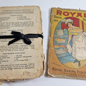 Two antique falling apart cookbooks: 1902 Royal Baking Powder baking cookbook and Butterick Recipes and Household Hints with no cover