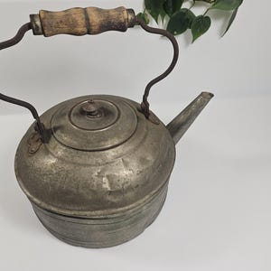 HUGE antique rustic metal kettle, 9 inch diameter base // repaired, loose knob