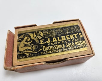 antique box, E.J. Albert's Perfected Orchestra & Solo Rosin for string instruments // rosin still inside // 2.5 x 1.5 x 1 inch