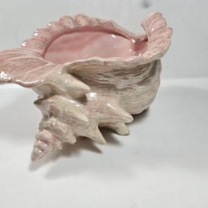 large vintage ceramic iridescent pink conch shell planter, 12 x 8 x 6 inches