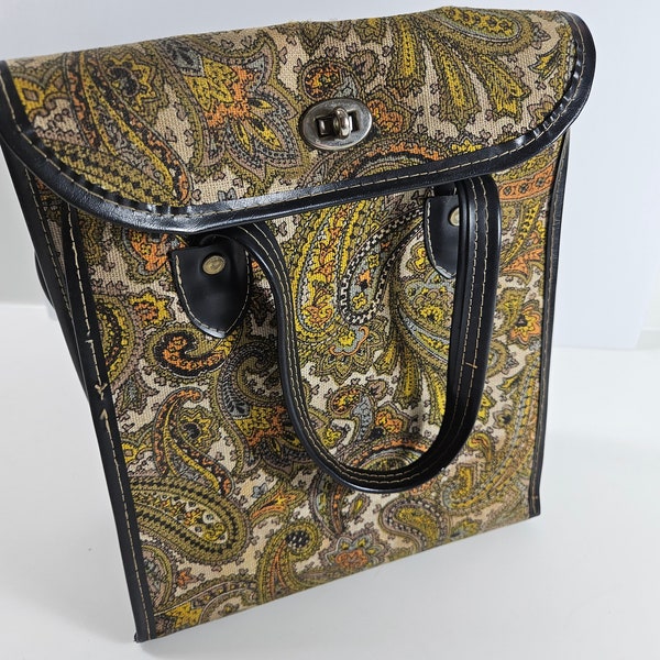 vtg 60s paisley fabric bag for work lunch, thermos, portable travel bar // empty bag, made in Japan // vinyl