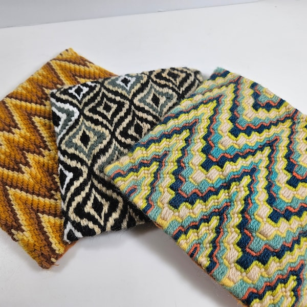 3 vtg 1960s handmade needlework soft trivets // 7.5 and 6.5 inches square size range