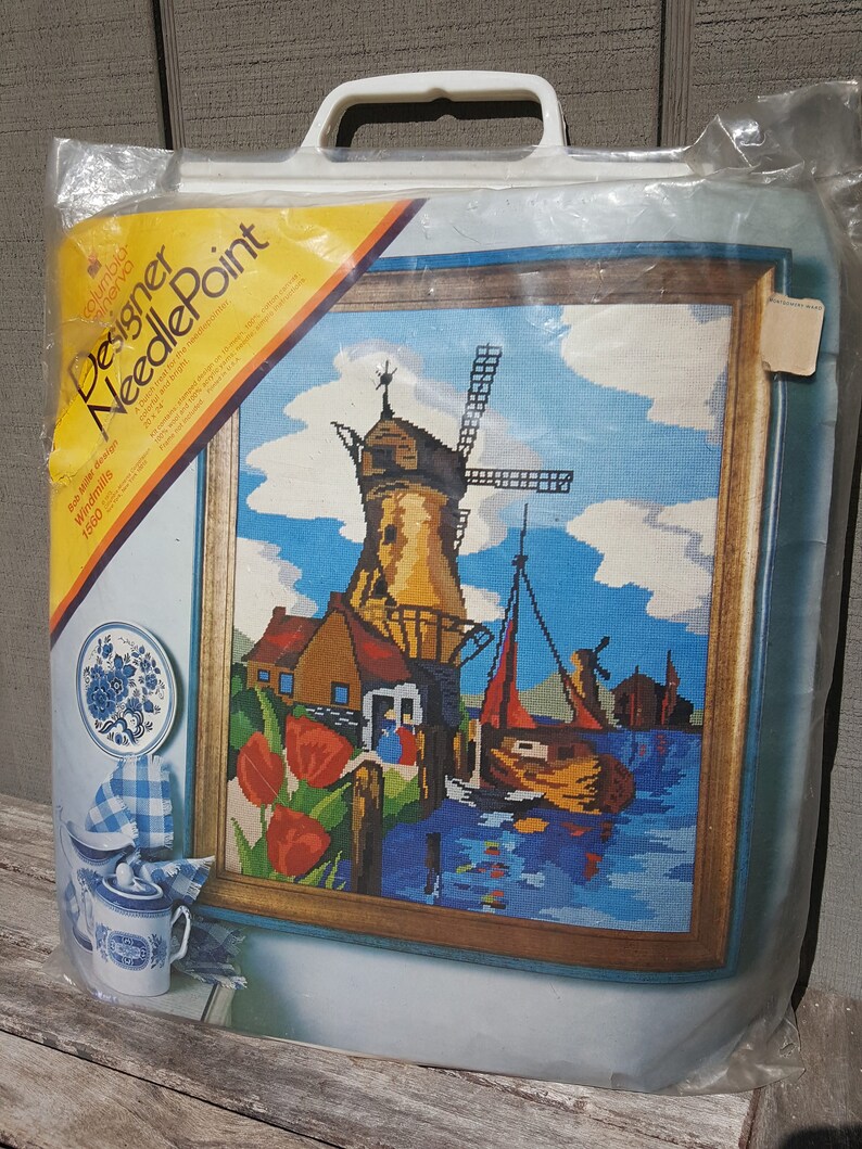 vintage needlepoint kit 24 x 20 inch 1560 Windmills Columbia-Minerva Bob Miller 1973 Dutch Holland tulips boats water windmill