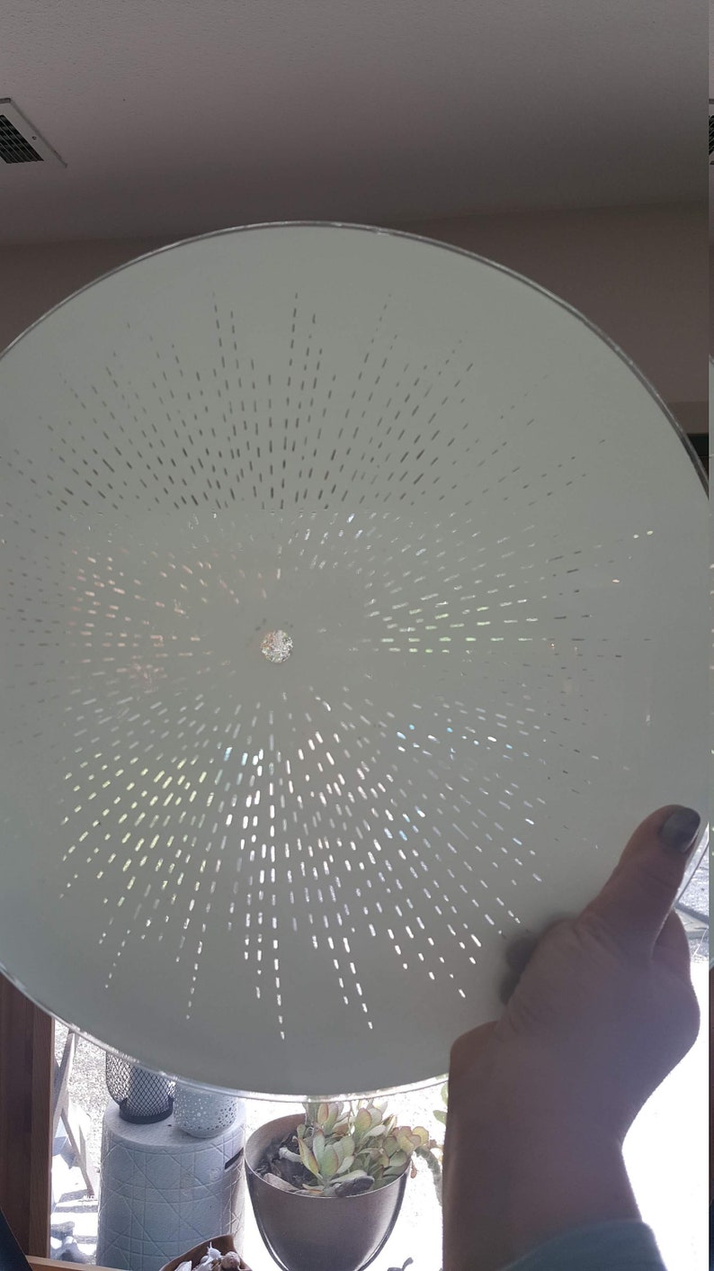Vintage Round Glass Ceiling Light Fixture Cover 14 5 Inch Diameter Globe Starburst Sunburst White Mid Century