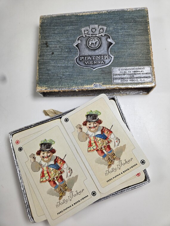 Vtg 1920s Double Playing Card Deck in Flocked Case, Platnik Brand