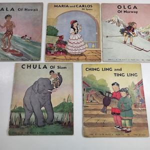 May include: Five vintage children's books with colorful illustrations. The books feature stories about Kala of Hawaii, Maria and Carlos of Spain, Olga of Norway, Chula of Siam, and Ching Ling and Ting Ling. Each book has a title and a short description of the character.