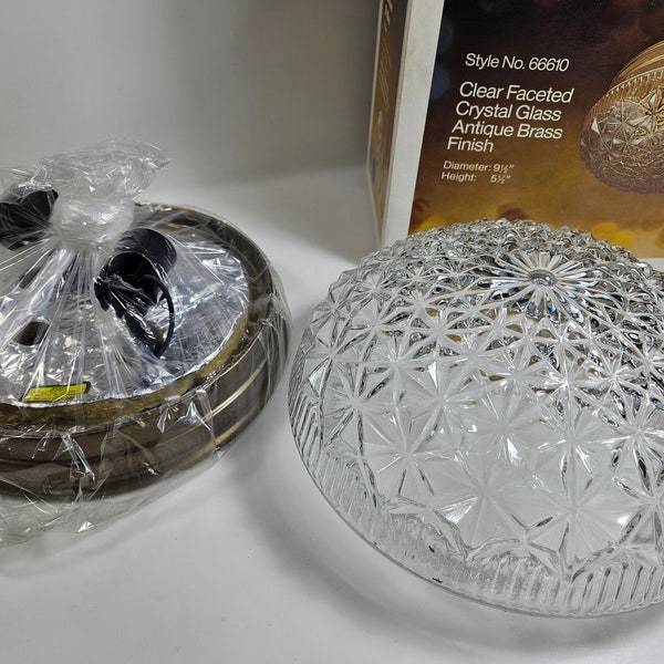 vtg NOS 70s flush mount ceiling light fixture in box, never used // gold and clear, faceted glass