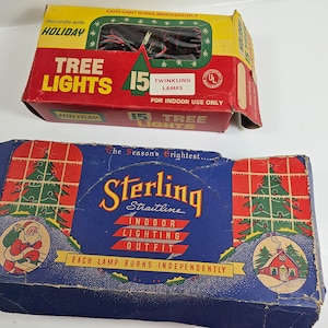 vtg 1940s-50s string of Christmas lights in original box, 2 choices // Sterling, 7 bulb or Holiday brand, 15 bulb // C 7.5 bulbs