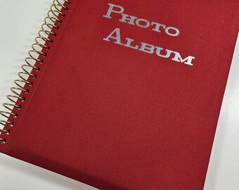 vtg red photo album, gold rings binding // 10 double sided pages, clear acetate covers, // 11.75 x 9.5 inches