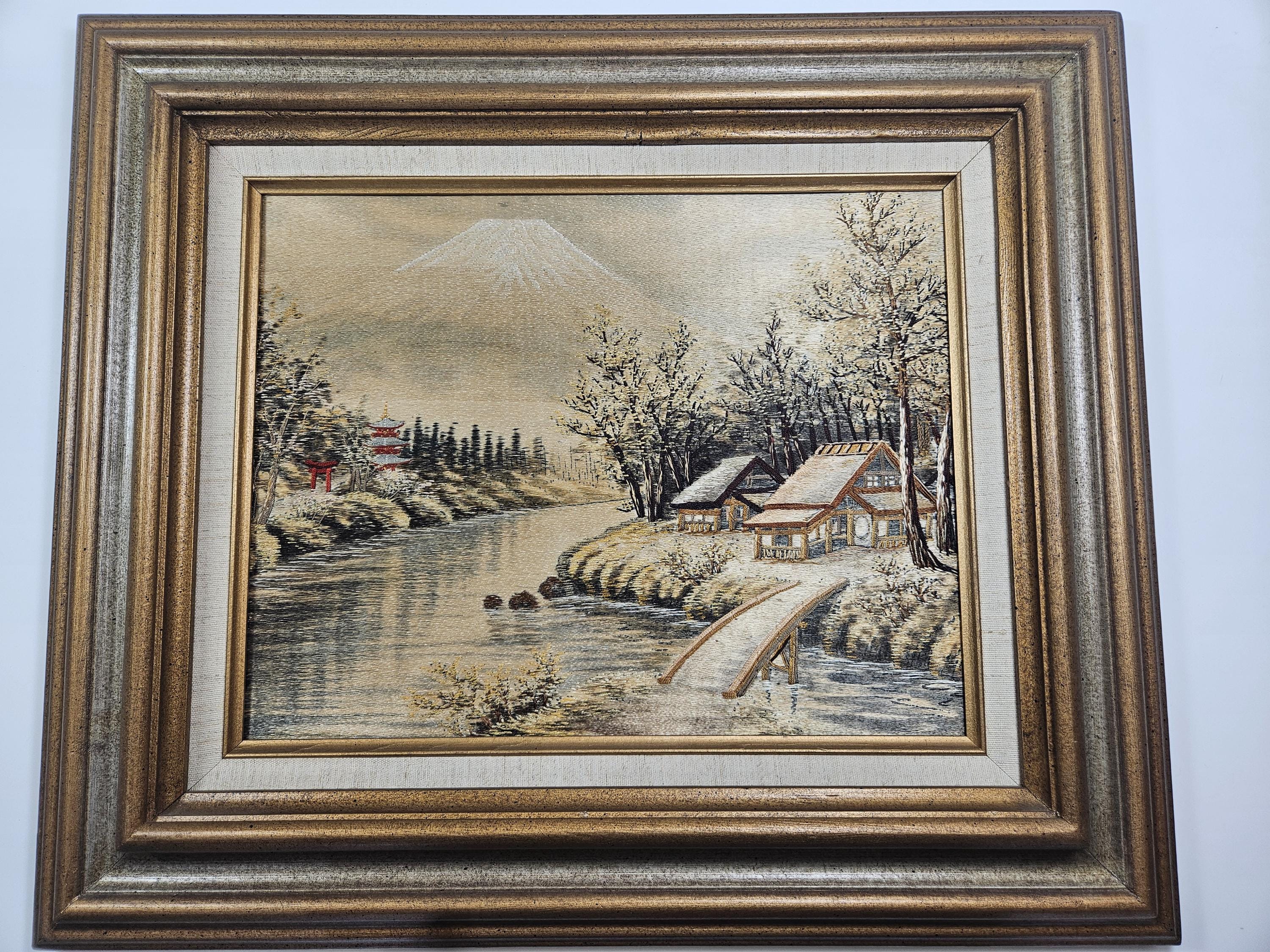 Vtg Mt Fuji, Japan Silk Thread Embroidery Art // 21.25 X 18.25