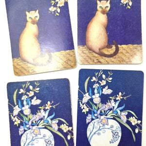 4-piece vtg cat & flowers playing cards, 2 of each pattern // 4 cards total // 3.5 x 2.25 inches // Hallmark playing cards