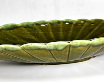vintage ceramic canoe-shaped drip glaze green Console Bowl // Maurice of California // 14 x 5.25 x 2.25 inches